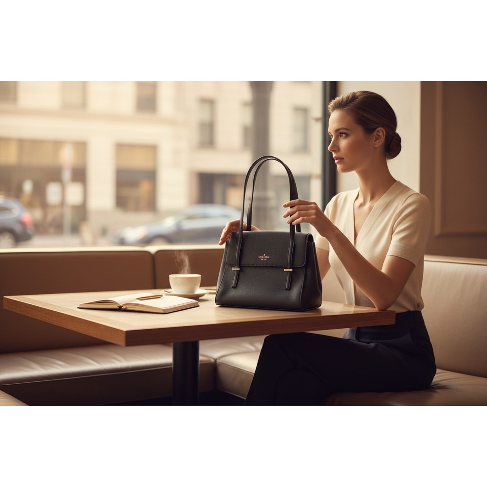 Kate Spade New York Black Saffiano Leather Shoulder Bag Flap Satchel Handbag